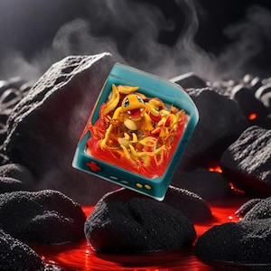 May include: A teal rectangular object featuring a cartoon character engulfed in orange and yellow flames. The character is orange and yellow. The object has a red plus sign. The background shows black rocks and red liquid, with steam rising.