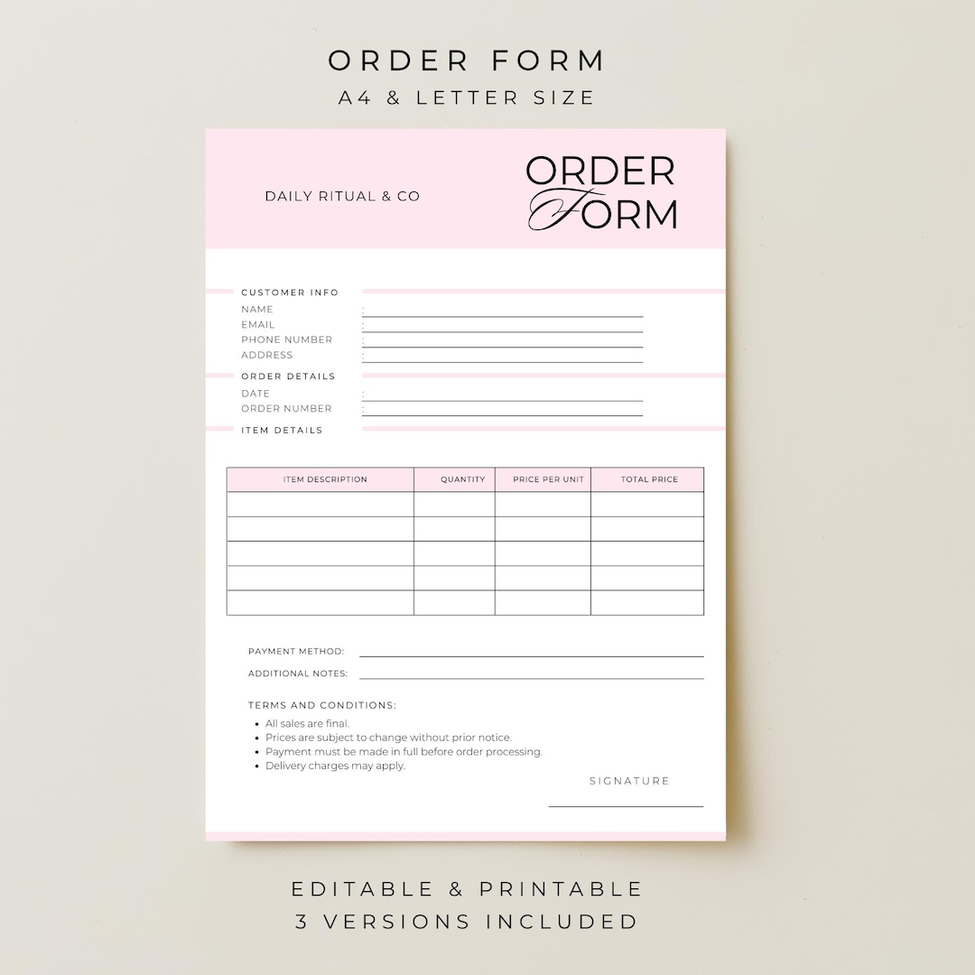 Pink Printable Order Form Template, Canva Editable Business Order ...