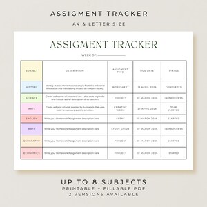 May include: A white assignment tracker with a grid layout, featuring subject, description, assignment type, due date, and status columns. The text "Assignment Tracker" is at the top. Includes the text "Up to 8 Subjects" and "Printable + Fillable PDF".