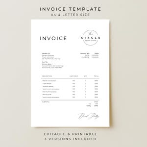 Puede incluir: Una plantilla de factura blanca con texto negro. La factura incluye campos para el número de factura, la fecha y la fecha de vencimiento. El logotipo de The Circle Design Studio está en la esquina superior derecha. La parte inferior de la factura dice "EDITABLE & PRINTABLE 3 VERSIONS INCLUDED."