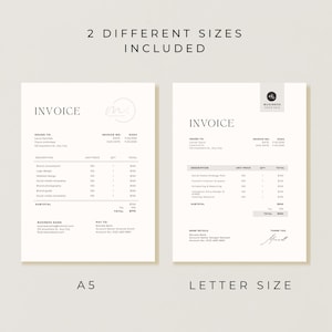 May include: Two digital invoice templates displayed side-by-side, labeled A5 and Letter Size. The documents feature black text on a white background with sections for business details, itemized descriptions, unit prices, quantities, and totals.
