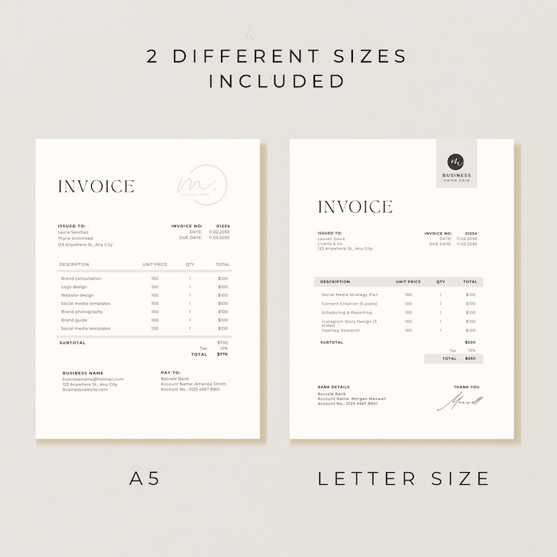 May include: Two digital invoice templates displayed side-by-side, labeled A5 and Letter Size. The documents feature black text on a white background with sections for business details, itemized descriptions, unit prices, quantities, and totals.