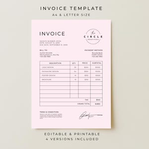 May include: A pink invoice template with the text "INVOICE" at the top. The invoice includes fields for invoice number, date, and due date. It lists design services like logo, packaging, poster, and brochure design. The total is $4860.