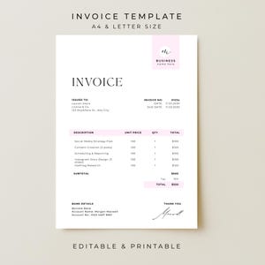 May include: A printable invoice template in A4 and letter size. The document features a pink header with the text "Business name here." The invoice includes fields for invoice number, date, and due date, along with sections for description, unit price, quantity, and total.