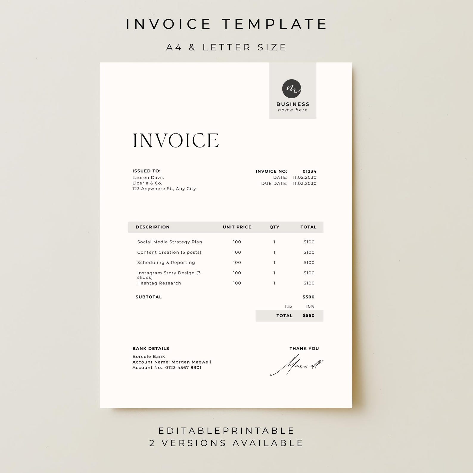 Freelancer Invoice Template Printable, Small Business Invoice PDF ...