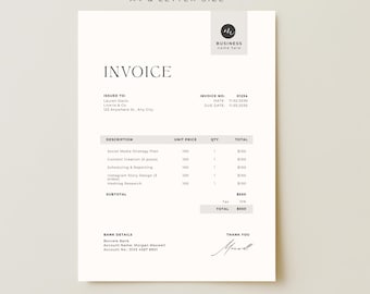 Op de afbeelding: Een minimalistische factuursjabloon met het woord 'INVOICE' bovenaan. Het document bevat secties voor factuurnummer, datum en klantgegevens. De factuur vermeldt diensten zoals social media strategie en content creatie.