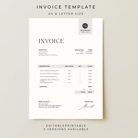 Freelancer Invoice Template Printable, Small Business Invoice PDF, Editable Billing Form, Professional Invoice Template