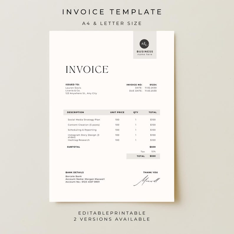 May include: A minimalist invoice template with the text "INVOICE" at the top. The document includes sections for invoice number, date, and client details. The invoice lists services like social media strategy and content creation.