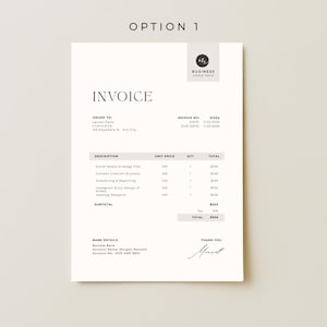 May include: A minimalist invoice template with the heading "INVOICE" in a clean, sans-serif font. The document includes sections for invoice details, a description of services, and bank details. The total amount due is $550.