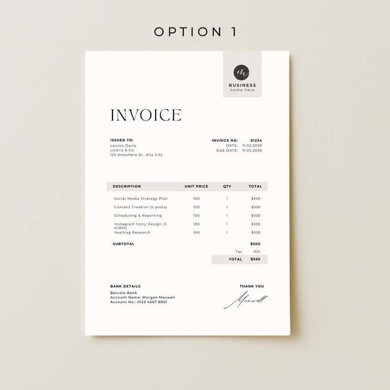 May include: A minimalist invoice template with the heading "INVOICE" in a clean, sans-serif font. The document includes sections for invoice details, a description of services, and bank details. The total amount due is $550.