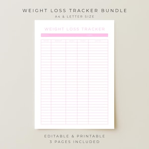 Könnte beinhalten: Ein druckbares Weight Loss Tracker Bundle in Weiß mit rosa Gitterlinien und Überschriften. Der Text "WEIGHT LOSS TRACKER BUNDLE" und "A4 & LETTER SIZE" stehen oben. Der Text "EDITABLE & PRINTABLE" und "3 PAGES INCLUDED" stehen unten.