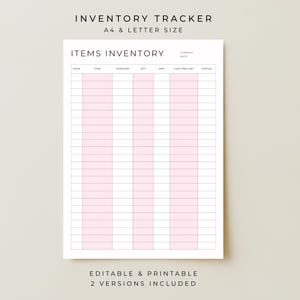 Op de afbeelding: Een afdrukbare inventaris-tracker in wit met roze gemarkeerde rijen. Het document bevat koppen voor datum, item, categorie, hoeveelheid, eenheid, kosten per eenheid en status. De tekst bovenaan luidt "INVENTORY TRACKER" en "A4 & LETTER SIZE". De tekst onderaan luidt "EDITABLE & PRINTABLE" en "2 VERSIONS INCLUDED".