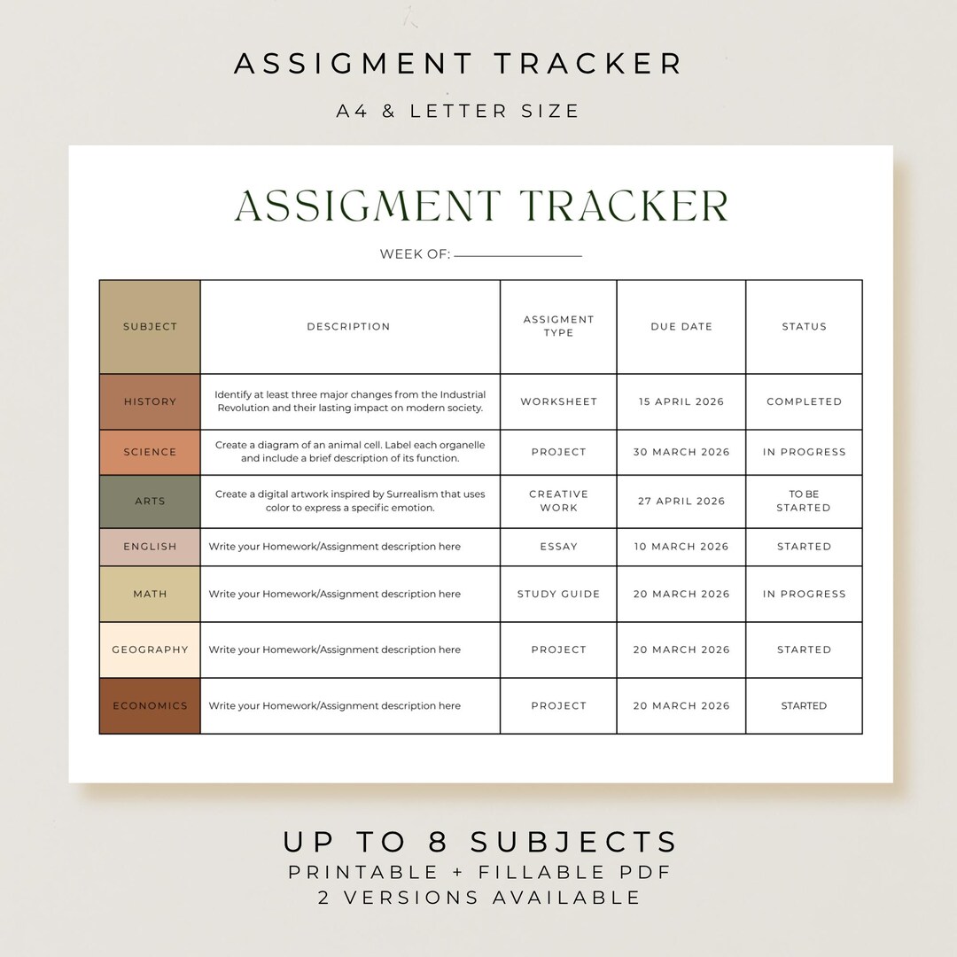 Student Assignment Tracker Printable PDF, Homework Checklist Planner ...