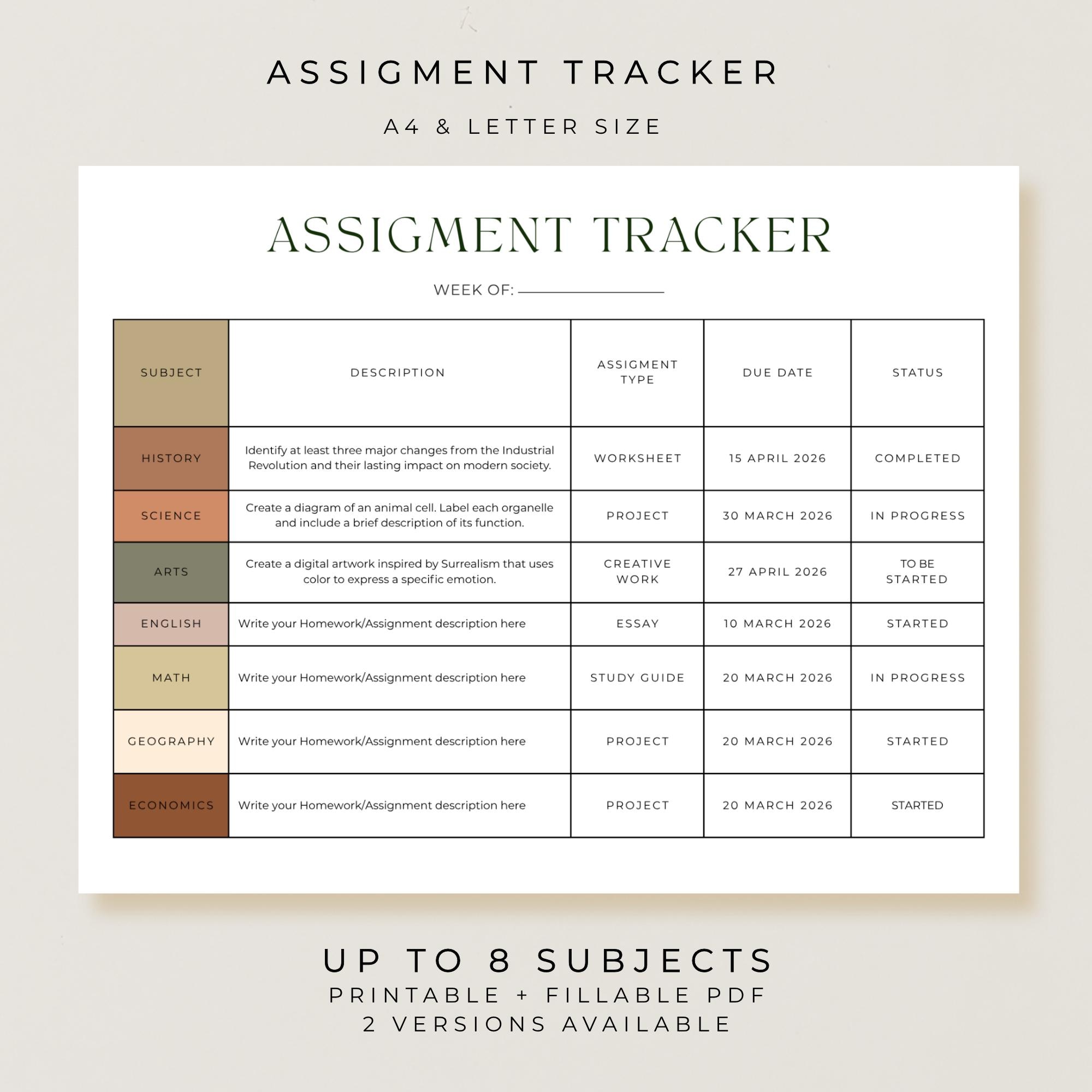 Student Assignment Tracker Printable PDF, Homework Checklist Planner ...