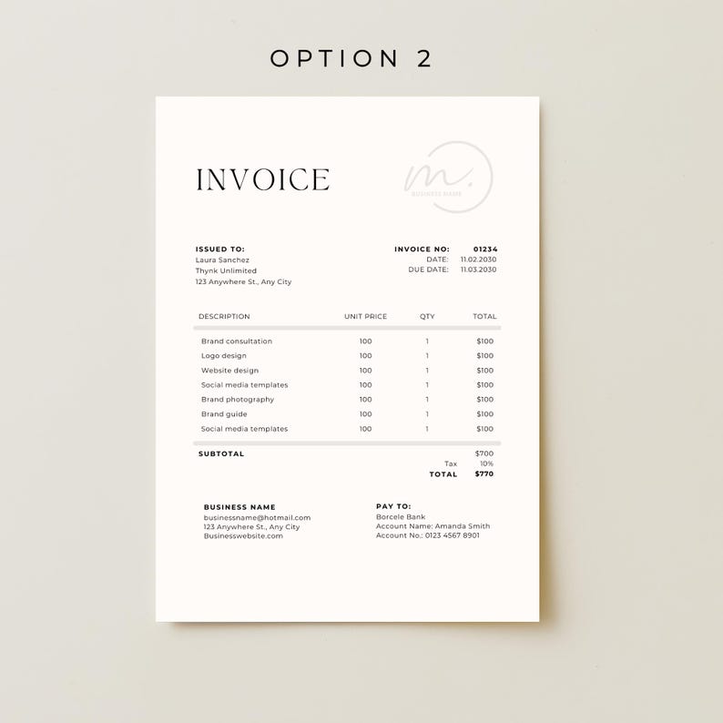 May include: A minimalist invoice template with the heading "INVOICE" and the text "OPTION 2" at the top. The invoice includes sections for issued to, invoice number, date, and a detailed list of services with prices. A logo is in the upper right corner.