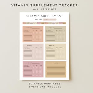 Planificador minimalista de suplementos en PDF imprimible, registro de ingesta de vitaminas, planificador diario de salud, registro de medicamentos, planificador de bienestar