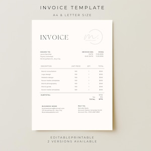 May include: A white invoice template document with black text featuring the header INVOICE, sections for client details, itemized services, unit prices, quantities, totals, and payment information. The document includes the text A4 & LETTER SIZE and EDITABLE PRINTABLE 2 VERSIONS AVAILABLE.