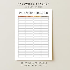 Wachtwoordtracker om accounts te ordenen en te beveiligen, bewerkbare canva-sjabloon, afdrukbaar wachtwoordlogboek, plannerpagina met minimale esthetiek
