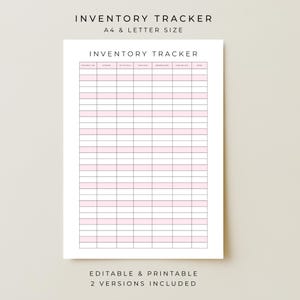 Può includere: Un tracker di inventario stampabile bianco con linee orizzontali rosa e linee verticali nere. Il testo "INVENTORY TRACKER" è in alto, con "A4 & LETTER SIZE" sotto. La parte inferiore della pagina recita "EDITABLE & PRINTABLE 2 VERSIONS INCLUDED".