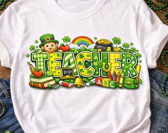 Camiseta para maestros del Día de San Patricio, camiseta de la suerte para maestros con diseño de arcoíris de duende, linda camiseta escolar de trébol, regalo del 17 de marzo para educadores.