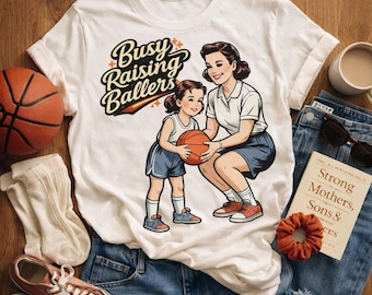 Camiseta "Busy Raising Ballers", camiseta para mamá de baloncesto, camiseta gráfica para mamá deportista, camiseta retro vintage de baloncesto para mamá e hijo, regalo para mamá