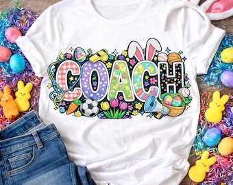 Camiseta personalizada de entrenador con conejito de Pascua, camiseta de equipo deportivo de primavera, bonita camiseta con estampado de huevos de Pascua, idea de regalo para profesores, camiseta de algodón suave para el día del partido.
