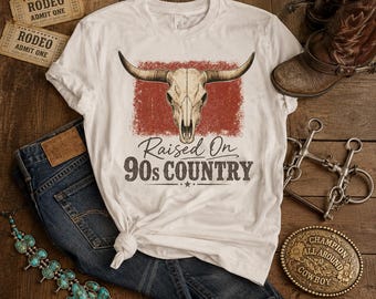 Camiseta "Criada en los 90" estilo country, camiseta vintage con estampado western, camiseta con calavera de toro vaquero, regalo para amantes de la música country, camiseta de vaquera de rodeo.