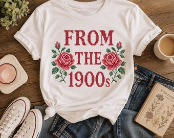 Camiseta de principios del siglo XX, camiseta vintage con bordado floral en punto de cruz, camiseta Cottagecore con rosas, estampado retro, camiseta unisex de regalo.