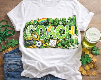 Camiseta de entrenador del Día de San Patricio, camiseta de fútbol irlandés de la suerte, camiseta gráfica de trébol arcoíris para hombres y mujeres, regalo del día del juego de San Patricio