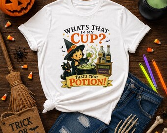 Camiseta divertida de bruja para Halloween, ¿Qué hay en mi taza? Esa es la poción, Camiseta con estampado de bruja adorable, Regalo de otoño para la temporada de Halloween