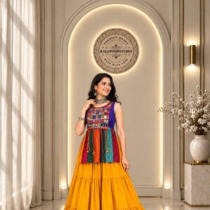 Mustard Frill Lehenga Set, Rayon Cotton Lehenga, Mirror Work Blouse, Bandhani Patch