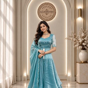 Sky Color Front-Slit Anarkali Suit, Crush Fabric, Handwork Palazzo, Cutwork Thread Dupatta