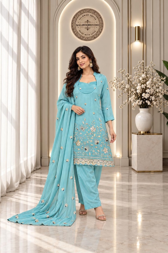 Sky Color Glass Roman Embroidered Suit Set, Sequin Indian Salwar Kameez
