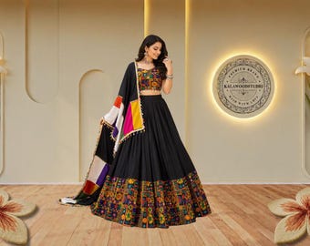 Black Color Gamthi Work Lehenga Set, Mirror Work Chaniya Choli, Navratri Gujarati Outfit