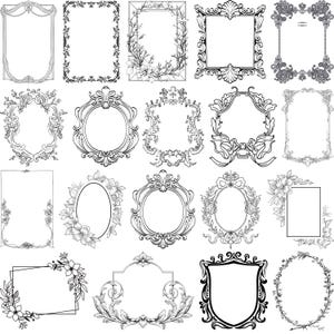 May include: A collection of twenty-one black and white ornate frames in various shapes and styles. Designs include rectangular, oval, and shield shapes, with floral, scroll, and decorative embellishments. Ideal for art prints, photos, or invitations.