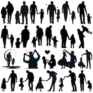 May include: A collection of black silhouette illustrations depicting fathers and children. The images show various poses, including walking hand-in-hand, carrying children, and holding a heart-shaped balloon. The overall theme is family and love.