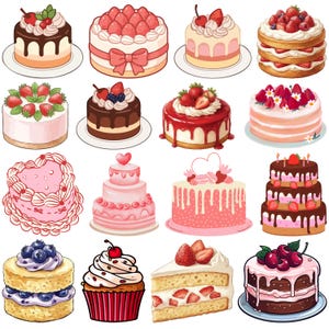 May include: A collection of colorful, illustrated cakes. The cakes vary in size and shape, with decorations including strawberries, cherries, and frosting. Some cakes have multiple layers, while others are single-serving. The overall theme is a celebration of desserts.