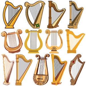 Könnte beinhalten: Eine Sammlung von zwölf verschiedenen Harfen in verschiedenen Stilen und Farben. Die Harfen reichen von Gold bis Braun, mit unterschiedlichen Formen und dekorativen Elementen. Einige Harfen haben kunstvolle Schnitzereien, während andere schlichtere Designs aufweisen. Das Bild zeigt die Vielfalt der Harfendesigns.