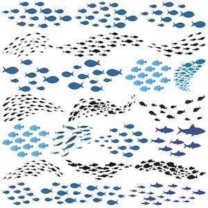 Puede incluir: Una colección de ilustraciones estilizadas de peces en varios tonos de azul y negro. Los peces están dispuestos en bancos y patrones fluidos, creando un tema dinámico y acuático. Perfecto para diseños de temática náutica o marina.