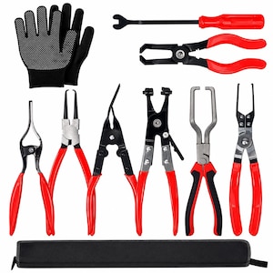 May include: A collection of automotive tools, including pliers, a screwdriver, and gloves. The tools have red handles and black bodies. The gloves are black with white dotted grips. A black zippered case is at the bottom.