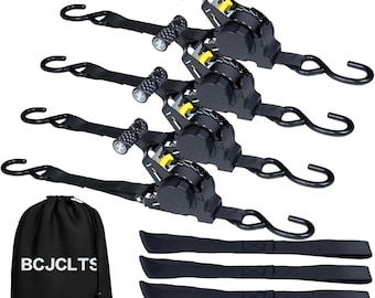 Heavy Duty Retractable Ratchet Straps Set, 4 Pack Cargo Tie Downs with Hooks
