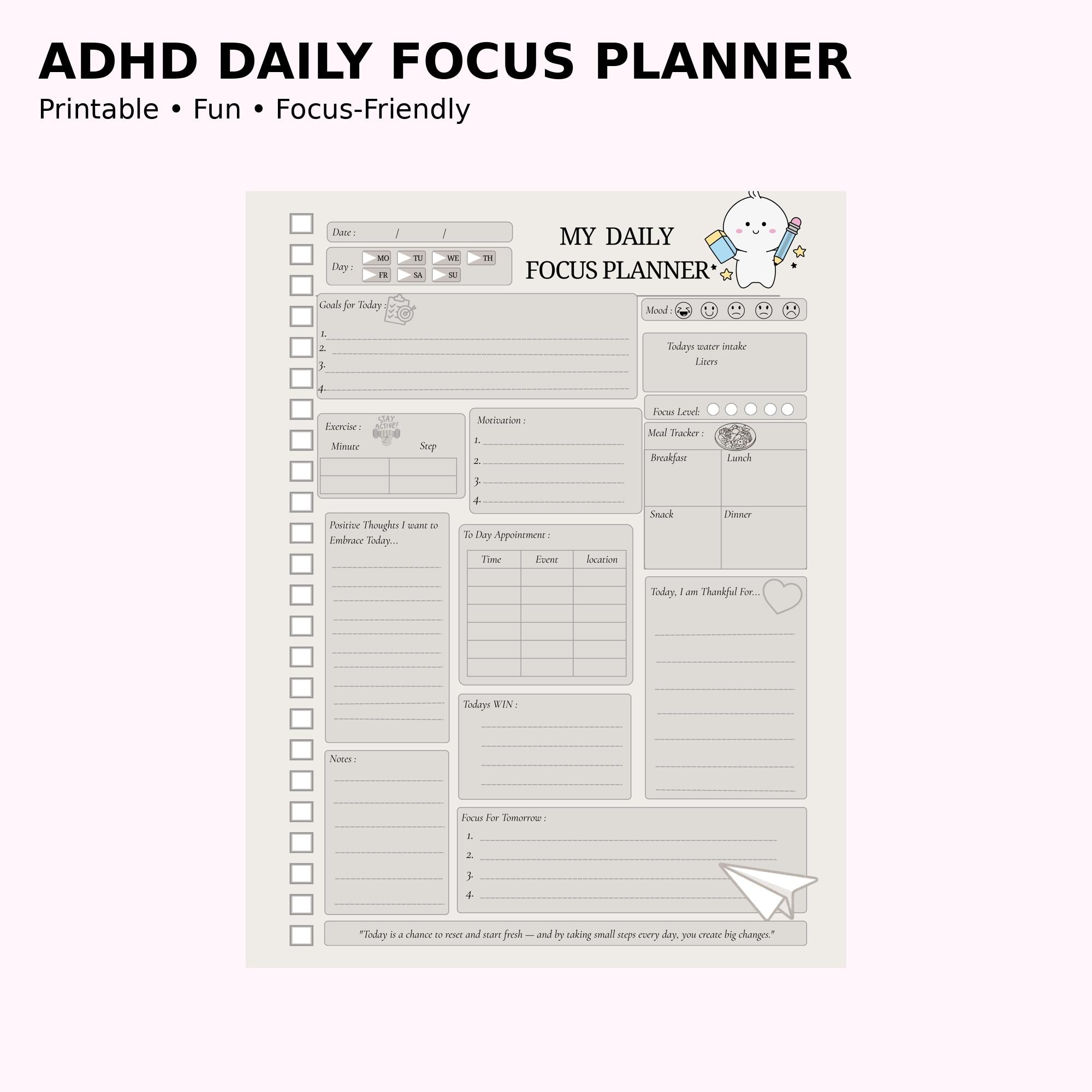 ADHD Daily Focus Planner | Printable Productivity Goal Tracker (PDF ...