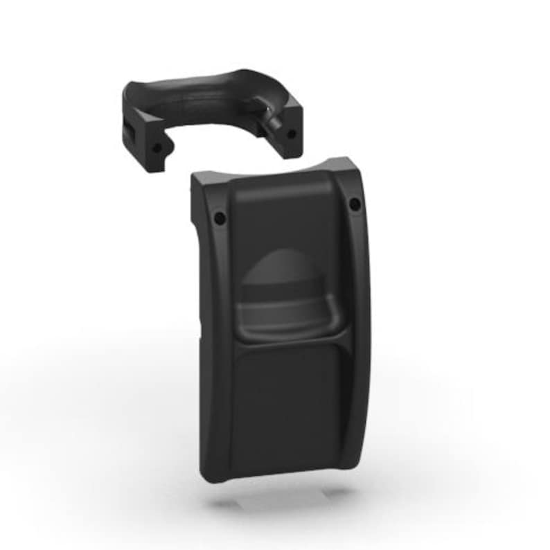 May include: Black plastic component with a curved handle and a rectangular base. The handle is detached from the base, showing the two pieces separately. The design is modern and minimalist, with a focus on functionality.