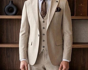 Beige Pinstripe Men's 3 Piece Suit – Boho Wedding Attire, Formal Wear