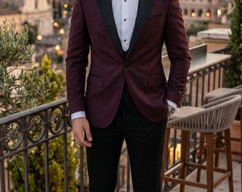 Bordeauxrode smoking voor heren: zwarte piekrevers, slim-fit bruiloftsfeestkleding