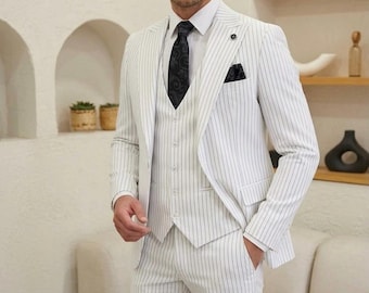 Costume 3 pièces blanc à fines rayures pour homme – Tenue de mariage bohème, tenues de soirée
