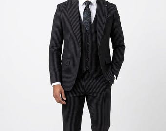 Black Pinstripe Men's 3 Piece Suit – Slim Fit Suit Gift For Him