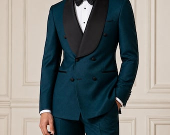 Esmoquin cruzado de color verde azulado para hombre, traje de boda ajustado con solapa de chal.