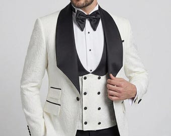 Abito da smoking bianco a tre pezzi: abito da cerimonia formale con revers a punta nero