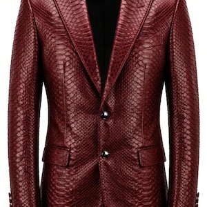 Men's Burgundy Snakeskin Print Blazer, Exotic Python Luxury Suit Jacket